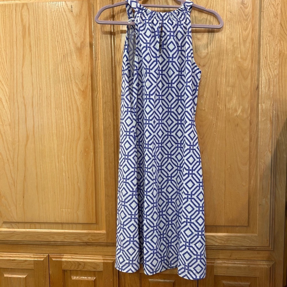 Jude Connally Women's Sleeveless Dress Blue White Geometric Print Made USA - Picture 9 of 10